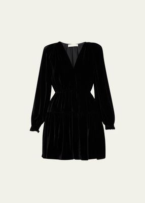 Audrey Tiered Puff-Sleeve Velvet Mini Dress