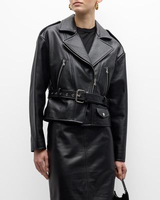 Aurelie Waisted Leather Biker Jacket