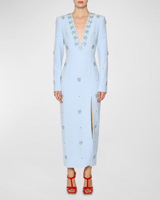 Aurore Plunging Crystal-Embellished Long-Sleeve Slit-Hem Gown