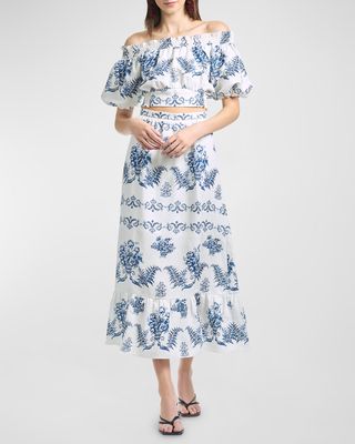 Austin Botanical-Print Flounce Midi Skirt