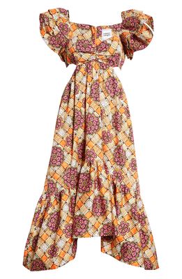 Autumn Adeigbo Chioma Floral Print Puff Sleeve Cutout Dress in Purple Orange Multi