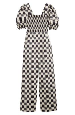 Autumn Adeigbo Nicollette Check Puff Sleeve Jumpsuit in Black/White Brushed Check