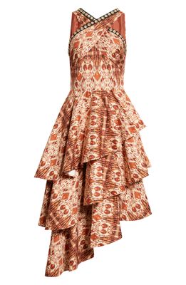 Autumn Adeigbo Signy Tiered Asymmetric Hem Dress in Brown Multi