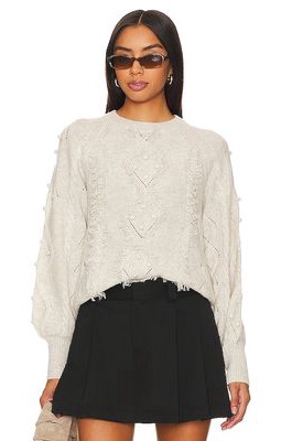 Autumn Cashmere Fringed Cable Popcorn Crew Neck in Cream