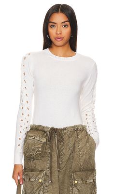 Autumn Cashmere Open Cable Sleeved Crew Neck in Beige