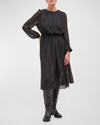 Autumn Ruched Blouson-Sleeve Silk Midi Dress