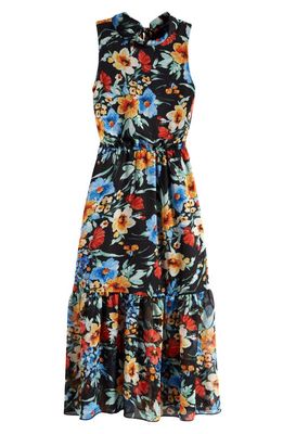 Ava & Yelly Floral Mock Neck Chiffon Party Dress in Black
