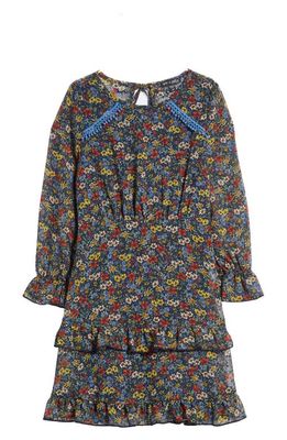 Ava & Yelly Kids' Floral Long Sleeve Tiered Dress in Blue Multi