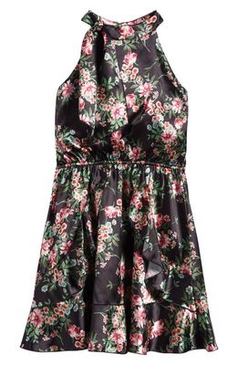 Ava & Yelly Kids' Floral Mock Neck Satin Dress in Multi Black