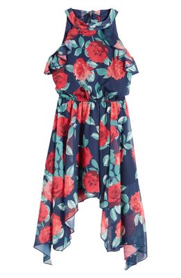 Ava & Yelly Kids' Floral Sleeveless Asymmetric Dress in Navy/Red Multi