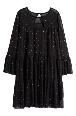 Ava & Yelly Kids' Rhinestone Long Sleeve Tulle Trapeze Dress in Black