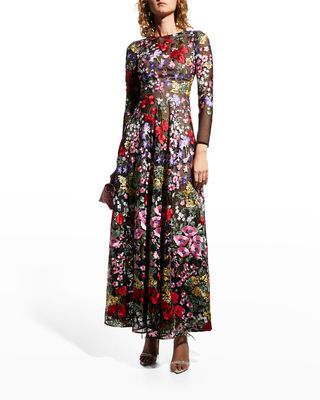 Ava Floral-Embroidered Bracelet-Sleeve Gown