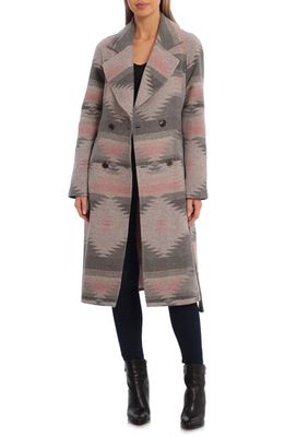 Avec Les Filles Belted Blanket Pattern Walking Coat in Pink/Grey Aztec