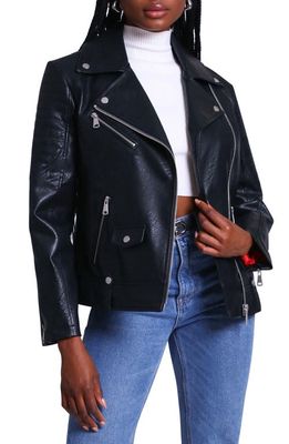 Avec Les Filles Faux-Ever Leather Quilt Sleeve Biker Jacket in Black