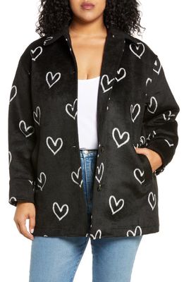 Avec Les Filles Heart Jacquard Brushed Fleece Coat in Black And White Heart