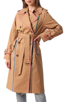 Avec Les Filles Lace Trim Stretch Cotton Trench Coat in Taupe