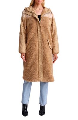 Avec Les Filles Mixed Media Faux Shearling Quilted Hooded Coat in Camel
