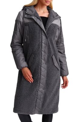 Avec Les Filles Mixed Media Faux Shearling Quilted Hooded Coat in Charcoal
