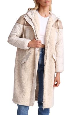 Avec Les Filles Mixed Media Faux Shearling Quilted Hooded Coat