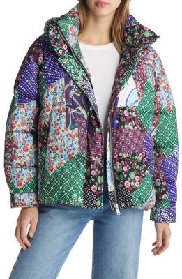 Avec Les Filles Patchwork Quilted Hooded Puffer Coat in Multi Patchwork