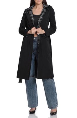 Avec Les Filles Plaid Trim Trench Coat with Detachable Hood in Black