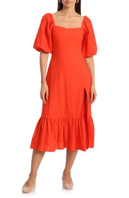 Avec Les Filles Puff Sleeve Midi Dress in Orange Coral