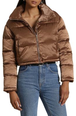 Avec Les Filles Quilted Satin Crop Puffer Jacket in Copper