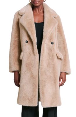 Avec Les Filles Relaxed Fit Longline Double Breasted Faux Mink Coat in Tan