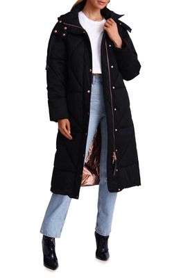 Avec Les Filles Thermal Puff Faux Down Water Resistant Hooded Longline Puffer Coat in Black