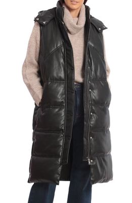 Avec Les Filles Thermalpuff™ Longline Hooded Faux Leather Puffer Vest in Black