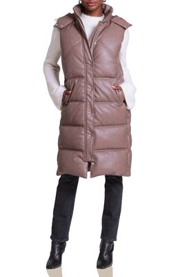 Avec Les Filles Thermalpuff Longline Hooded Faux Leather Puffer Vest in Caribou