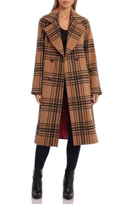Avec Les Filles Windowpane Plaid Double Breasted Overcoat in Camel/Black Plaid