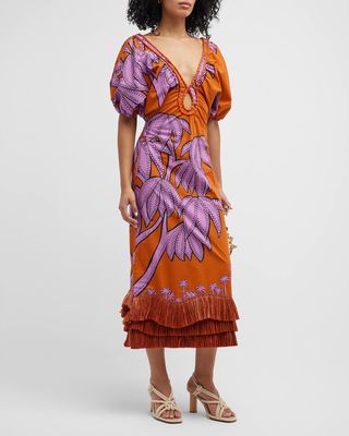Aventuras Coloridas Puff-Sleeve Tiered Fringe Tea-Length Dress