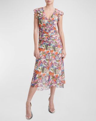 Avery Abstract-Print Flutter-Sleeve Midi Dress