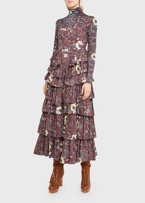 Avery Floral Cotton Layered-Ruffle Midi Dress