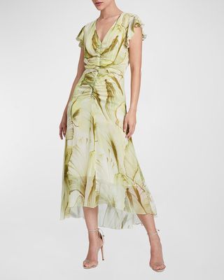 Avery Flutter-Sleeve Abstract-Print Midi Dress
