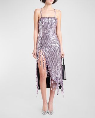 Avery Sequin-Embellished Fringe Midi Dress
