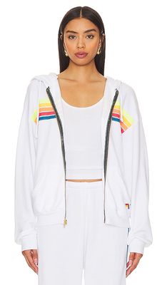 Aviator Nation 5 Stripe Zip Relaxed Hoodie in White
