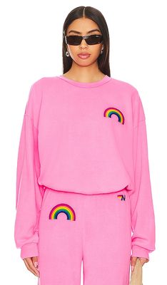 Aviator Nation Rainbow Embroidery Crew Neck Sweatshirt in Pink
