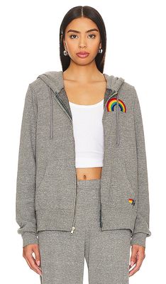 Aviator Nation Rainbow Embroidery Zip Hoodie in Grey