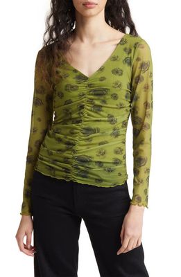 AWARE by VERO MODA Ulima Ruched Mesh Top in Woodbine Aop Ulima