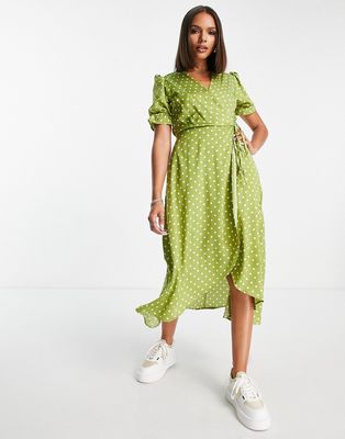 AX Paris polka dot wrap midi dress in lime-Green