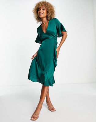 AX Paris ruffle wrap midi dress in emerald green