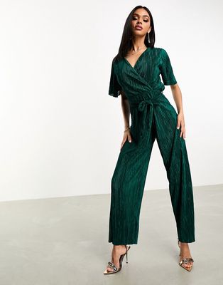 AX Paris short sleeve plisse wrap jumpsuit in emerald green