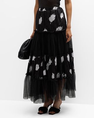 Ayope Splotched-Print Tiered Tulle Maxi Skirt