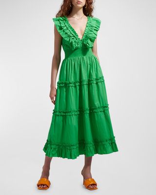 Azalea Floral Cotton Tiered-Ruffle Midi Dress
