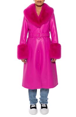 AZALEA WANG Belted Faux Fur Trim Faux Leather Trench Coat in Pink