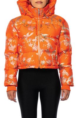 AZALEA WANG Brocade Print Crop Puffer Jacket with Removable Hood in Orange