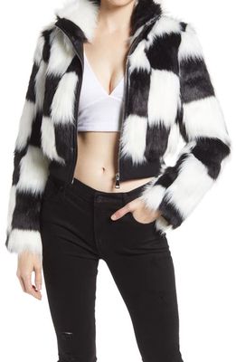 AZALEA WANG Checkerboard Faux Fur Crop Jacket in Black