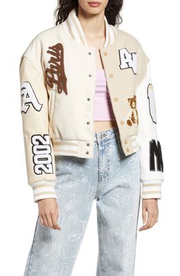 AZALEA WANG Embroidered Patch Bomber Jacket in Beige